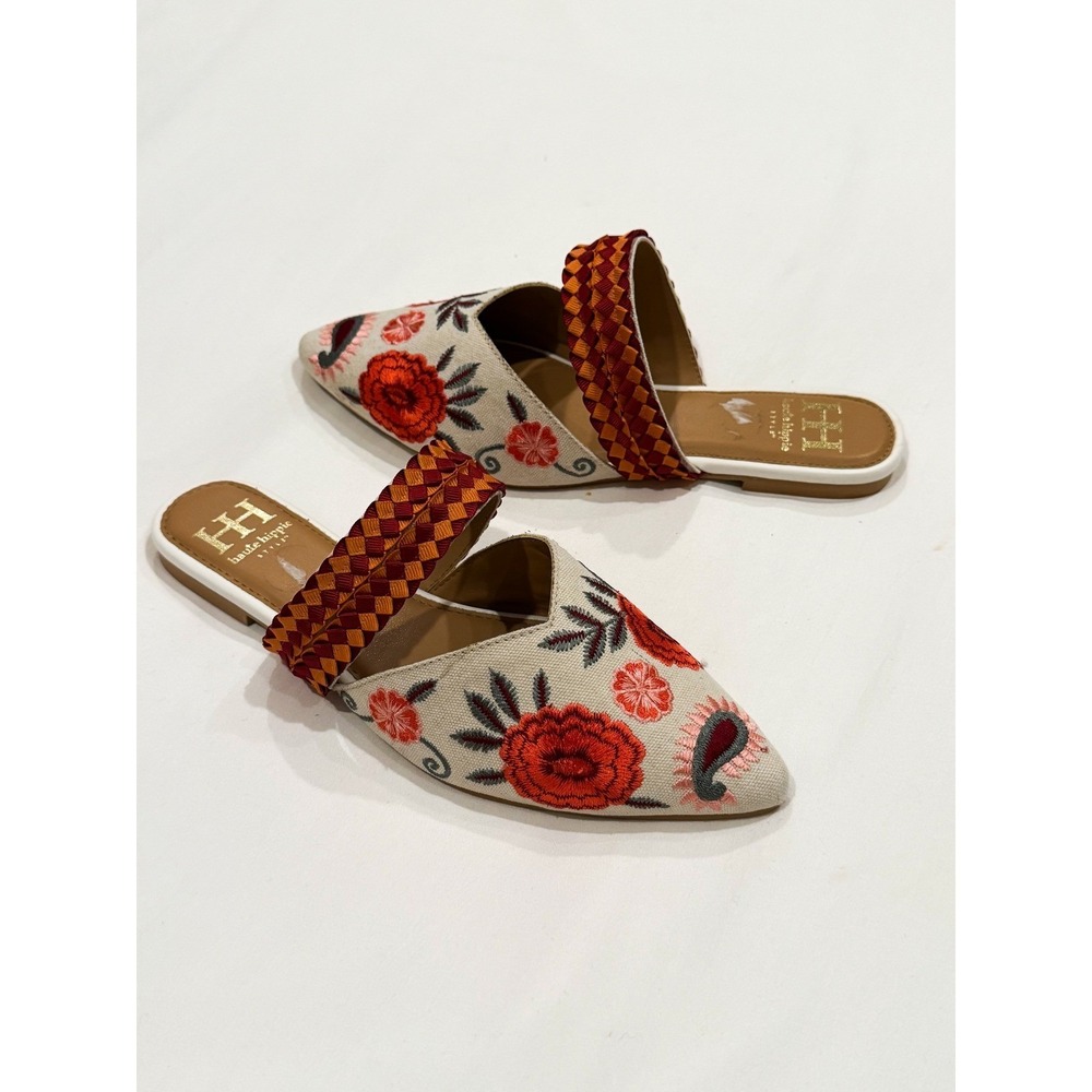 Haute Hippie Floral Embroidered Pointed Toe Mules Slides Women's 8 Boho Cottage - Picture 2 of 8